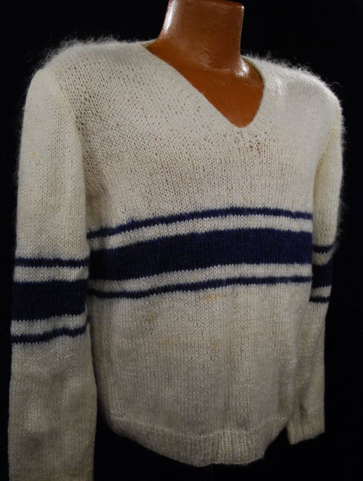 Men's White Faux-Mohair V-Neck Sweater