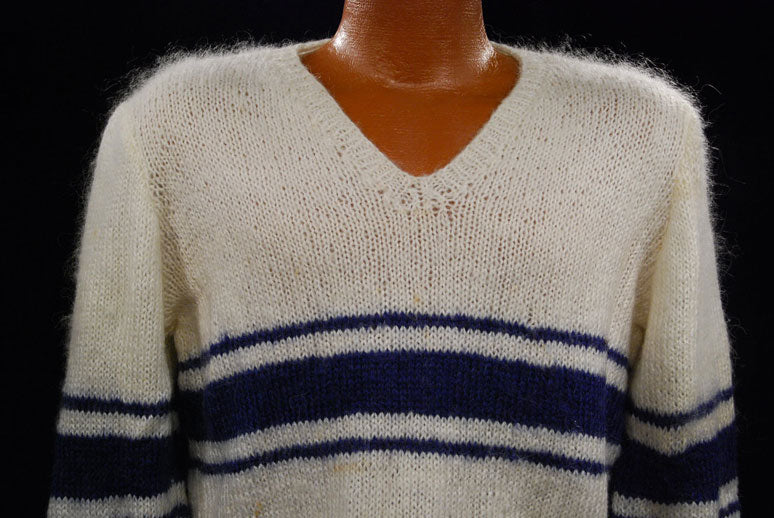 Men's White Faux-Mohair V-Neck Sweater