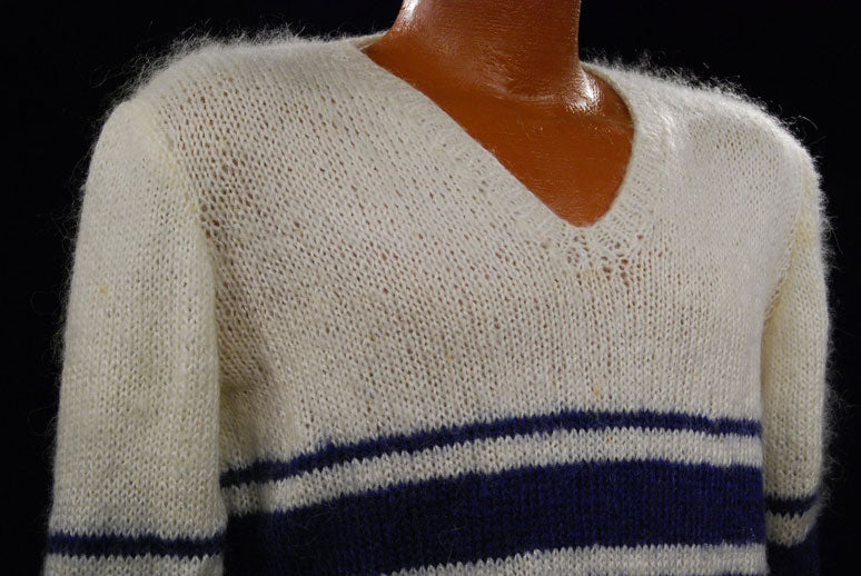Men's White Faux-Mohair V-Neck Sweater