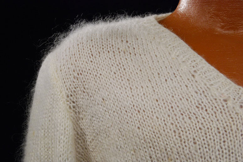 Men's White Faux-Mohair V-Neck Sweater