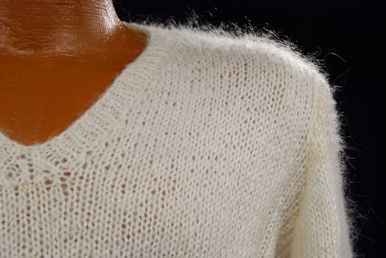 Men's White Faux-Mohair V-Neck Sweater