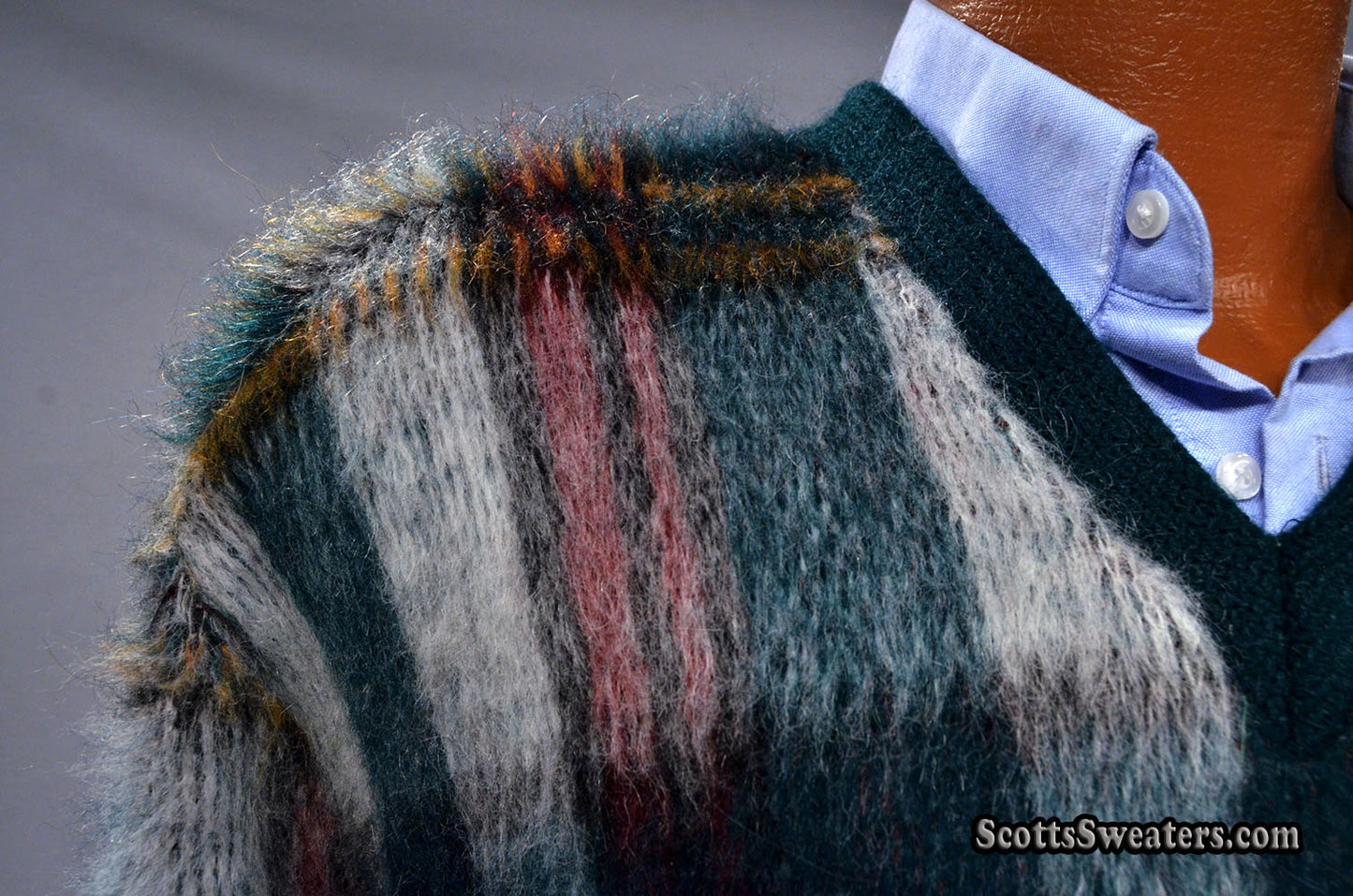 Classic Retro Shaggy Plaid Mohair V-Neck Sweater