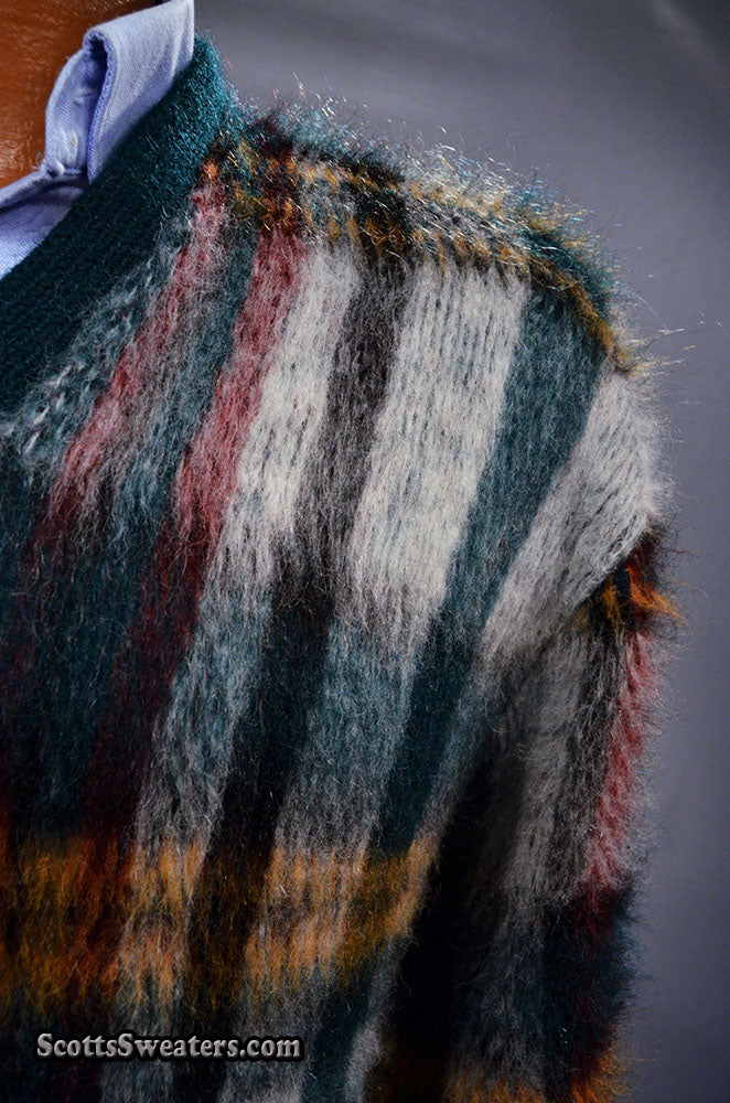 Classic Retro Shaggy Plaid Mohair V-Neck Sweater
