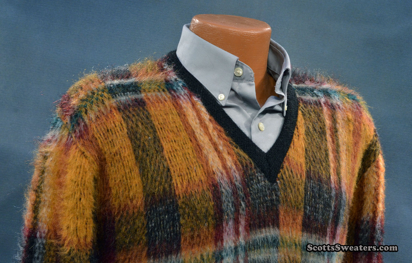 Classic Retro Shaggy Plaid Mohair V-Neck Sweater