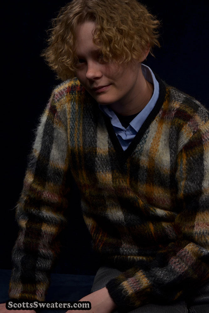 Classic Retro Shaggy Plaid Mohair V-Neck Sweater