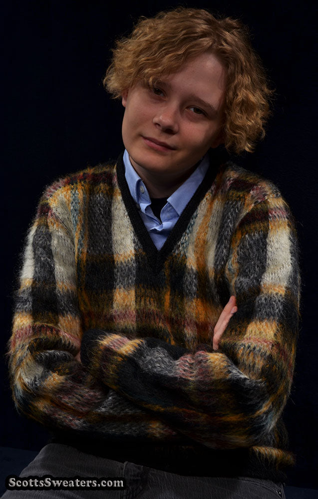 Classic Retro Shaggy Plaid Mohair V-Neck Sweater