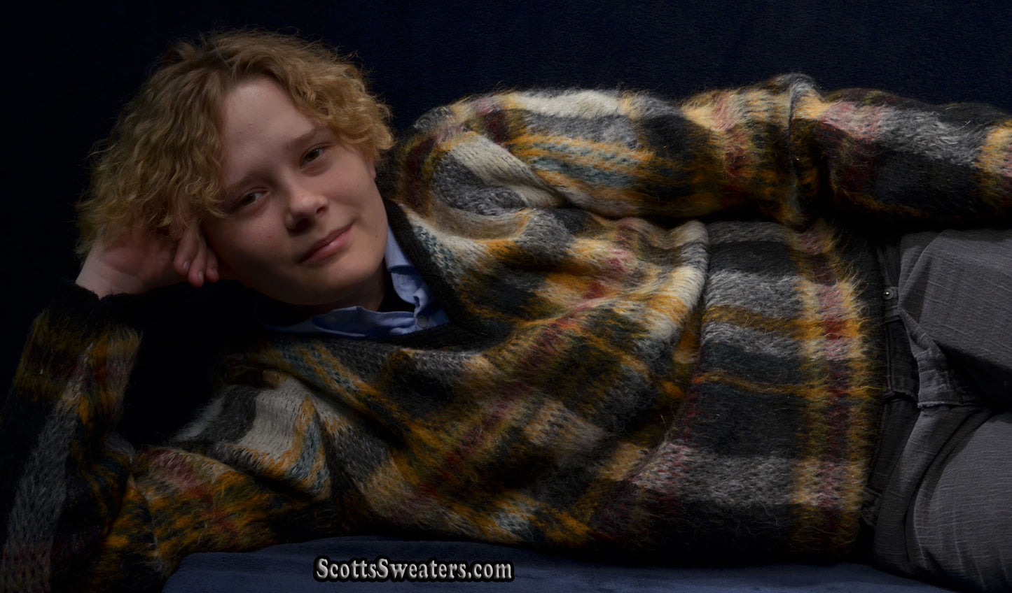 Classic Retro Shaggy Plaid Mohair V-Neck Sweater
