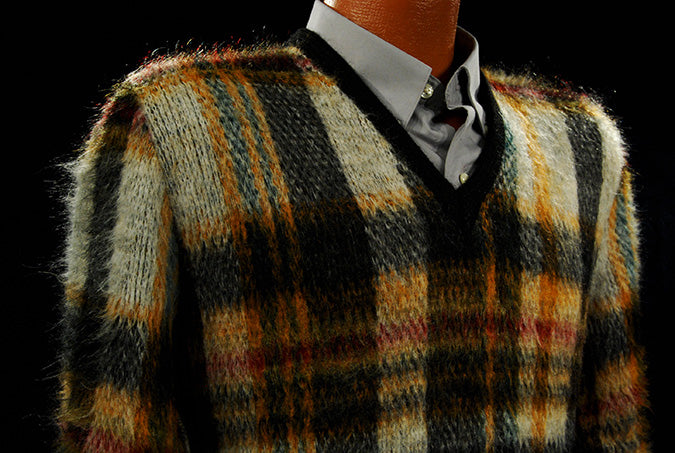 Classic Retro Shaggy Plaid Mohair V-Neck Sweater