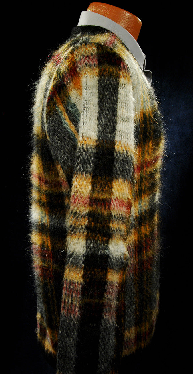 Classic Retro Shaggy Plaid Mohair V-Neck Sweater