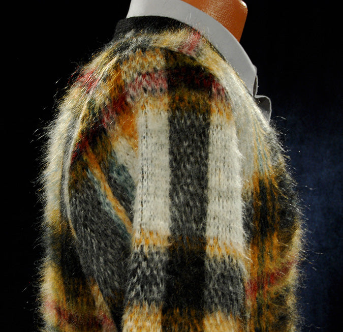 Classic Retro Shaggy Plaid Mohair V-Neck Sweater