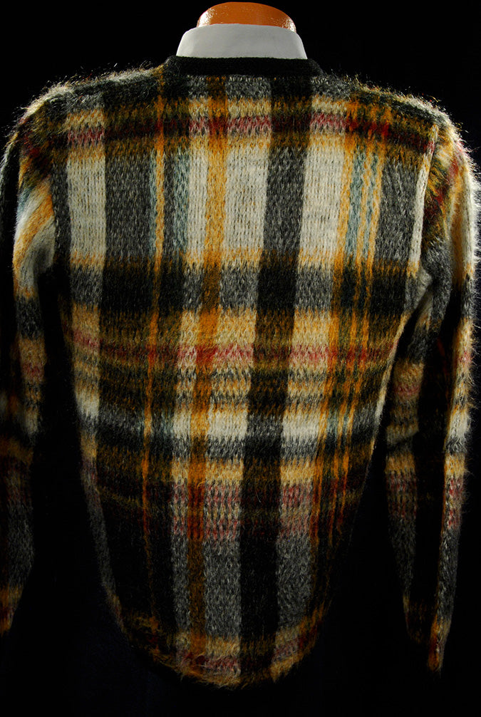 Classic Retro Shaggy Plaid Mohair V-Neck Sweater