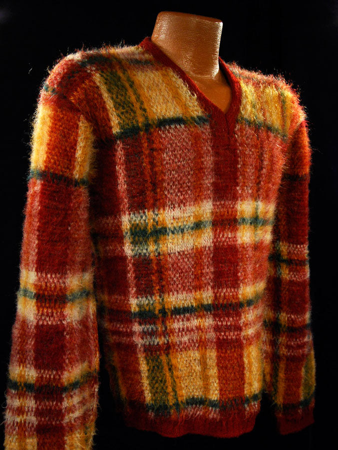 Classic Retro Shaggy Plaid Mohair V-Neck Sweater