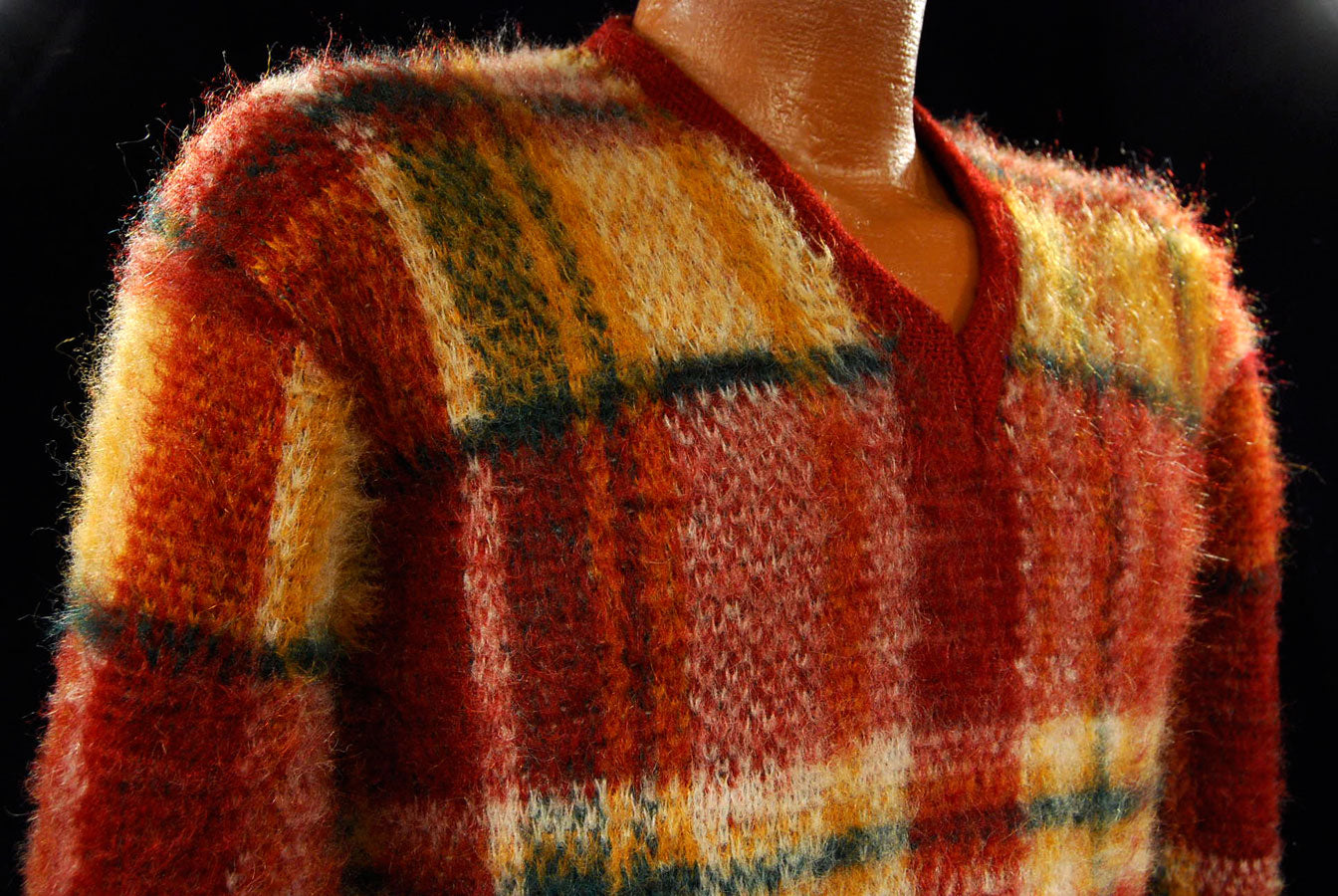 Classic Retro Shaggy Plaid Mohair V-Neck Sweater