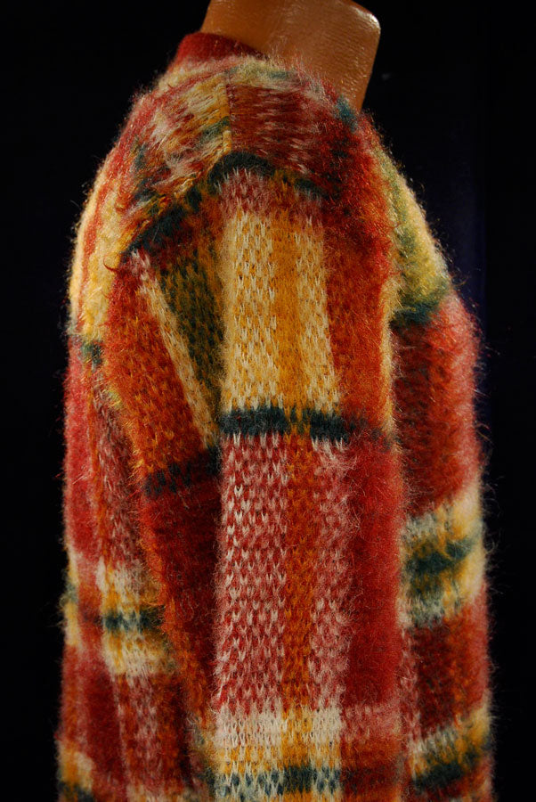 Classic Retro Shaggy Plaid Mohair V-Neck Sweater