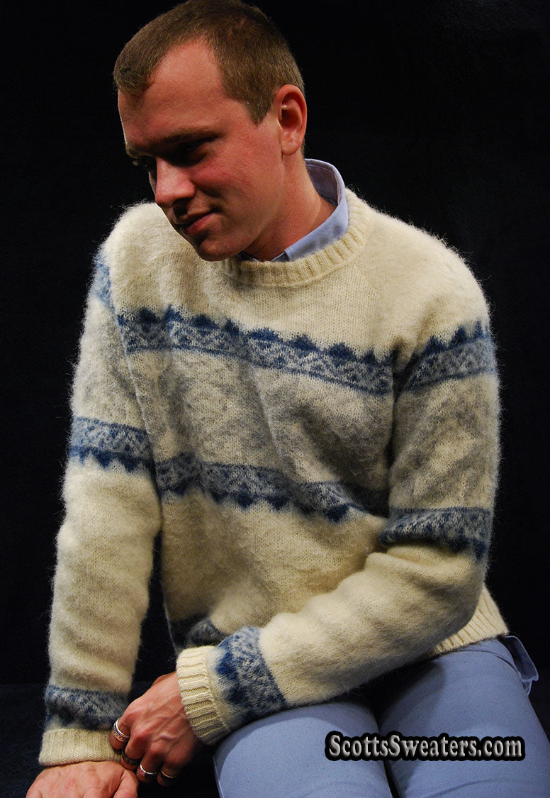 Men's Icelandic Wool Crewneck Sweater with Blue Design by Samband of Iceland