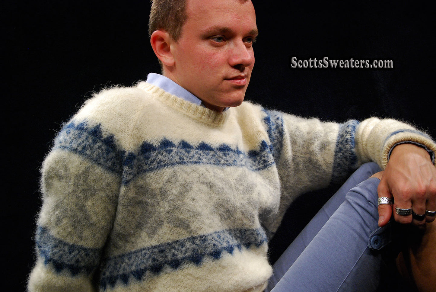 Men's Icelandic Wool Crewneck Sweater with Blue Design by Samband of Iceland