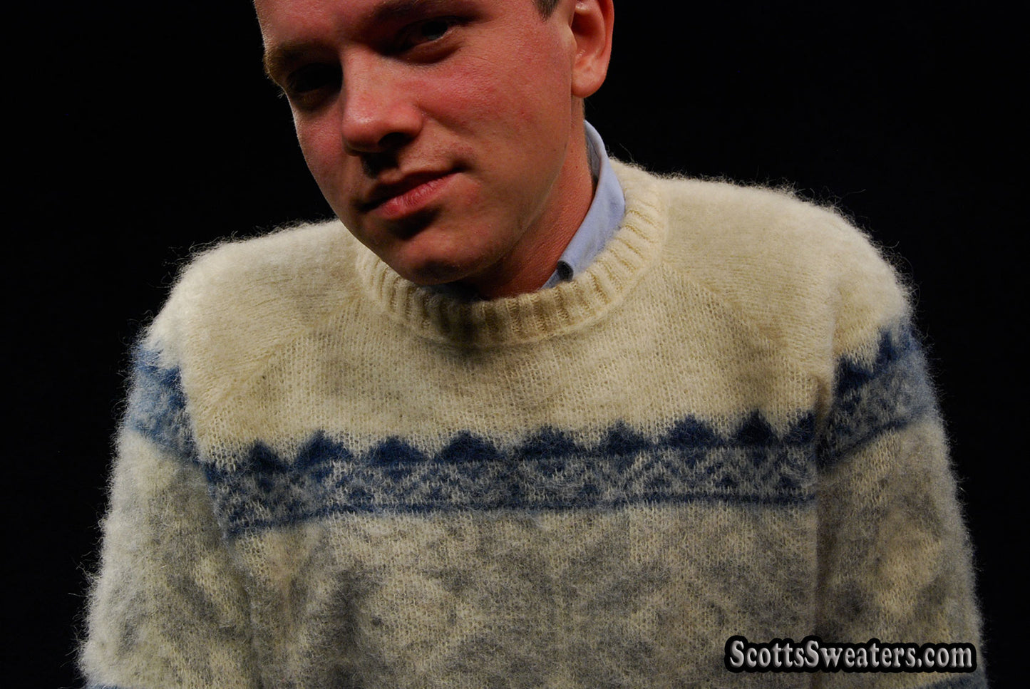 Men's Icelandic Wool Crewneck Sweater with Blue Design by Samband of Iceland