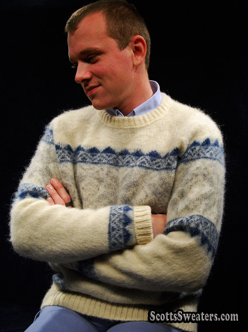 Men's Icelandic Wool Crewneck Sweater with Blue Design by Samband of Iceland