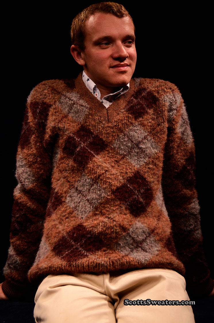 Retro Shaggy Argyle Mohair V-Neck Sweater by Rob Scot