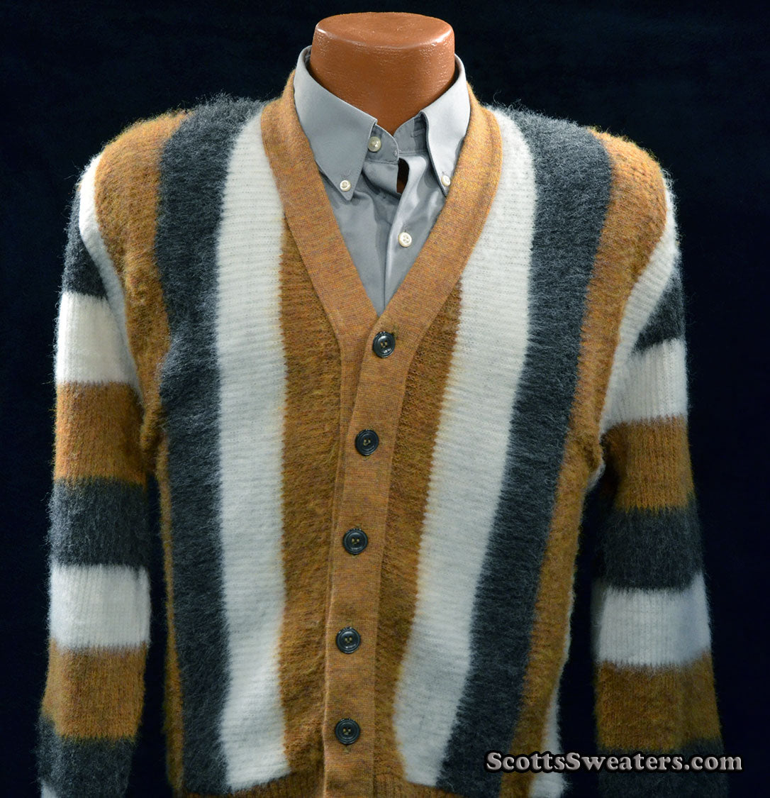 Men's Retro Striped button-front Faux-Mohair Cardigan Sweater