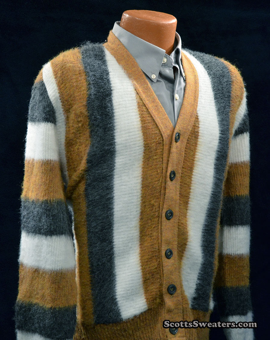 Men's Retro Striped button-front Faux-Mohair Cardigan Sweater