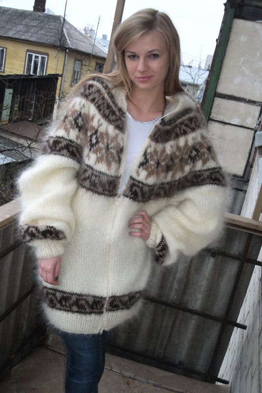 Handknit Mohair Hoodie Zipper-Front Cardigan Sweaters