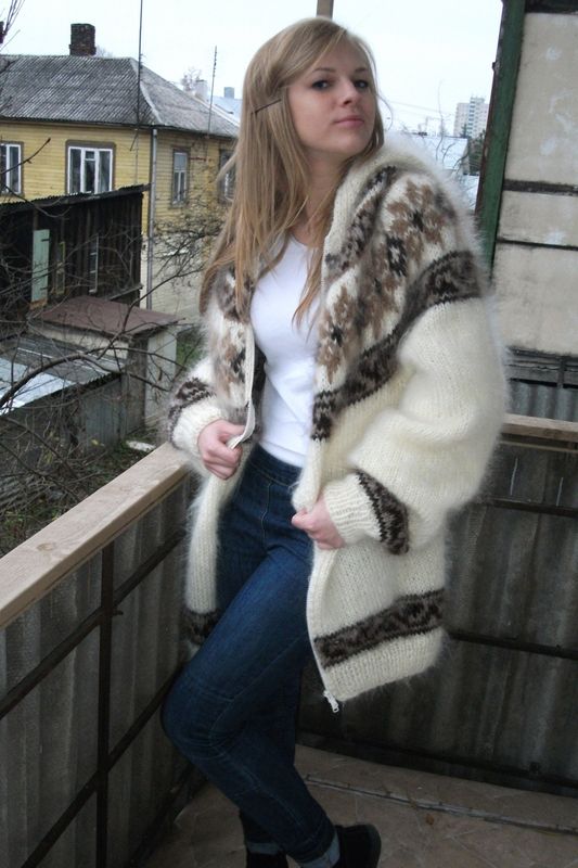 Handknit Mohair Hoodie Zipper-Front Cardigan Sweaters