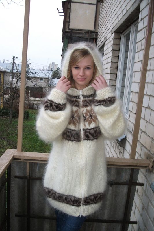 Handknit Mohair Hoodie Zipper-Front Cardigan Sweaters