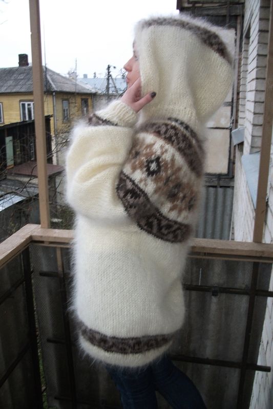 Handknit Mohair Hoodie Zipper-Front Cardigan Sweaters