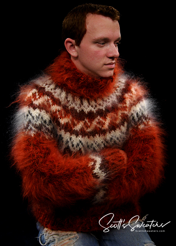 Copper Colored Men's Handknit Turtleneck Mohair Sweater
