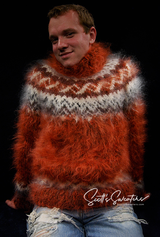 Copper Colored Men's Handknit Turtleneck Mohair Sweater