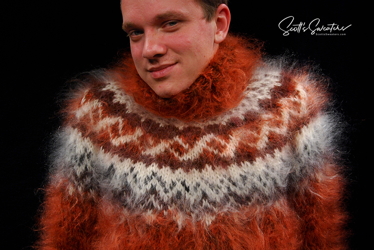 Copper Colored Men's Handknit Turtleneck Mohair Sweater