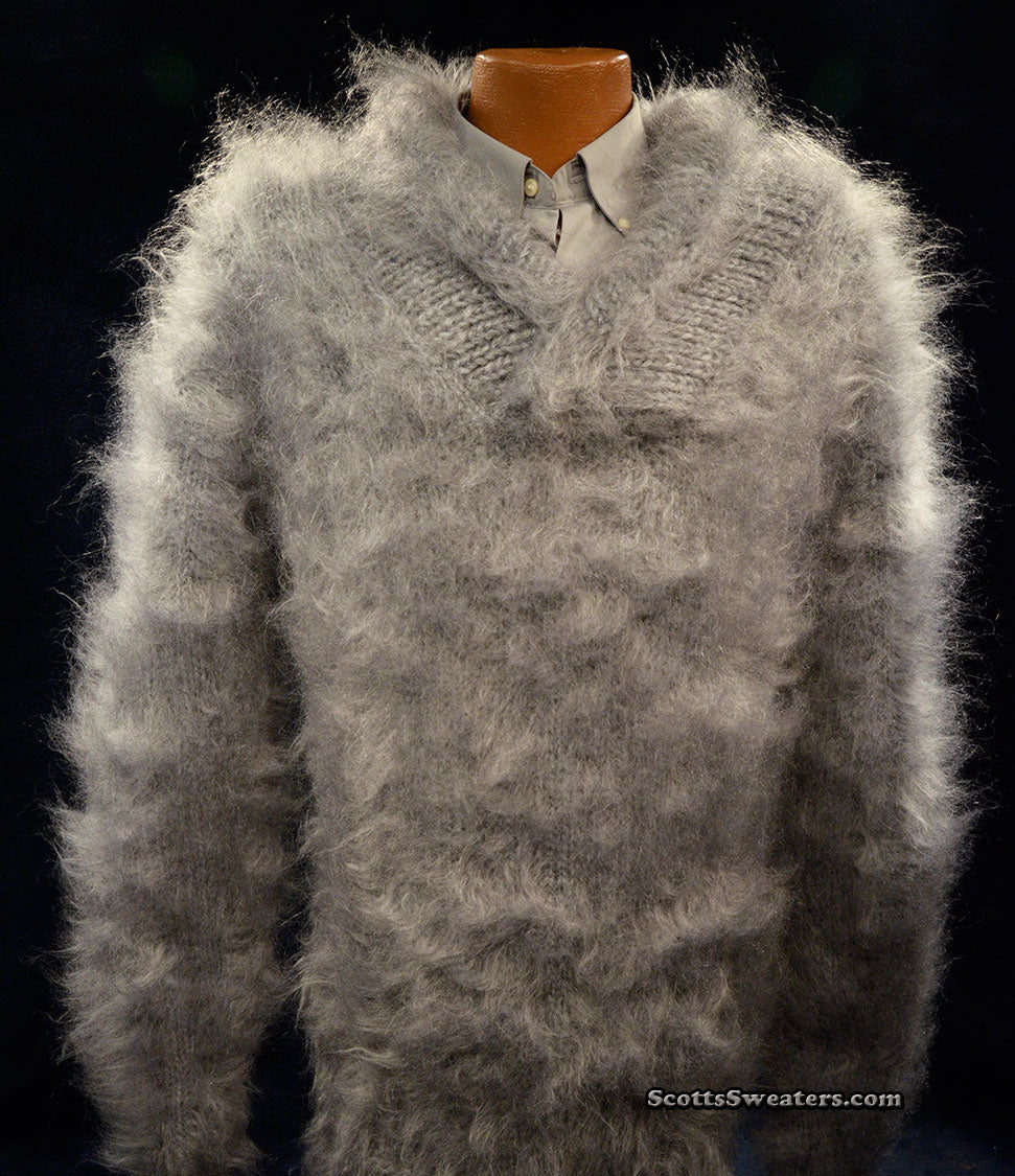 Men's Hand-knit Shawl neck Pullover Mohair Sweater