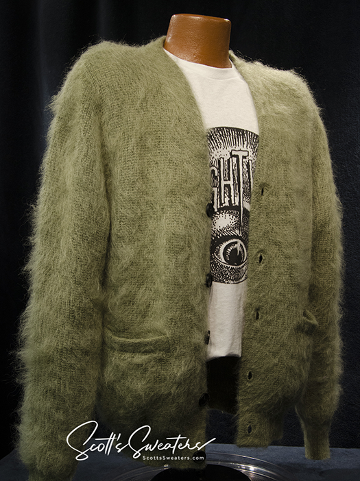 Kurt Cobain inspired Reproduced Men s Shaggy Green Mohair Cardigan Sweater 701 026Crd Sage