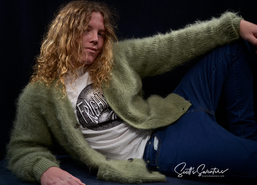 Kurt Cobain inspirierter reproduzierter Shaggy Green Mohair Cardigan Pullover für Herren