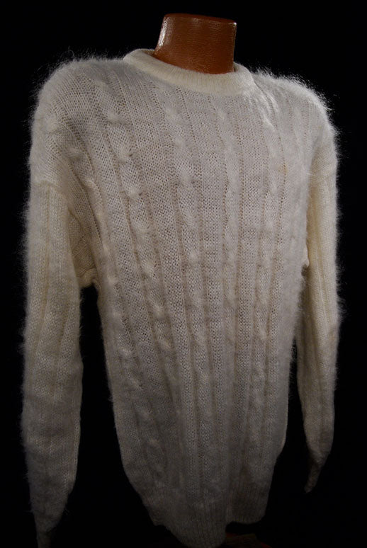 Men's White Cableknit Mohair Crewneck Sweater by Giorgio Laui [#097-020]