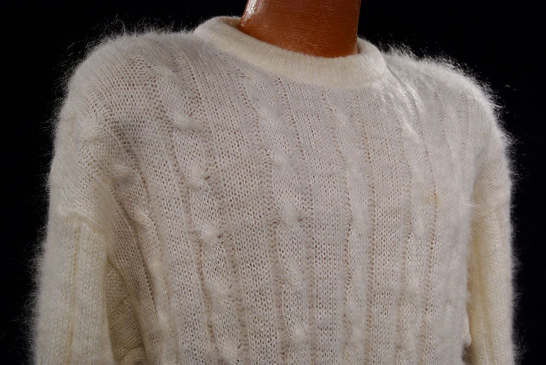 Men's White Cableknit Mohair Crewneck Sweater by Giorgio Laui [#097-020]