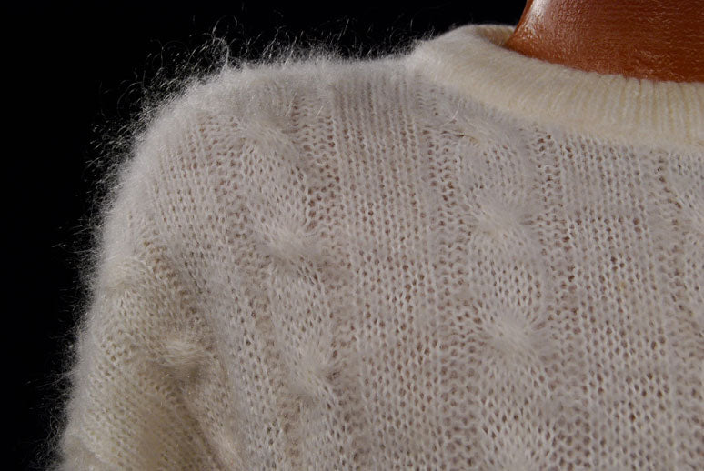 Men's White Cableknit Mohair Crewneck Sweater by Giorgio Laui [#097-020]