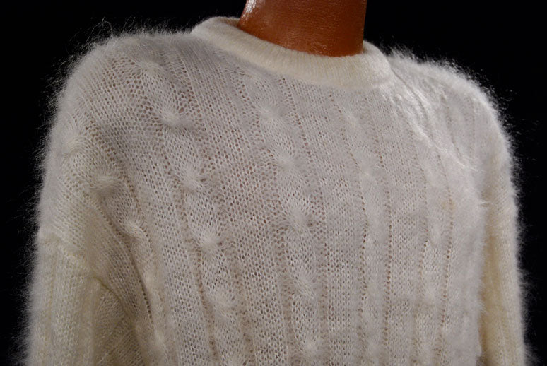 Men's White Cableknit Mohair Crewneck Sweater by Giorgio Laui [#097-020]