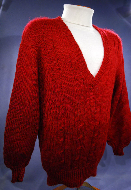 Red Faux-Mohair V-Neck Sweater [#192-003]