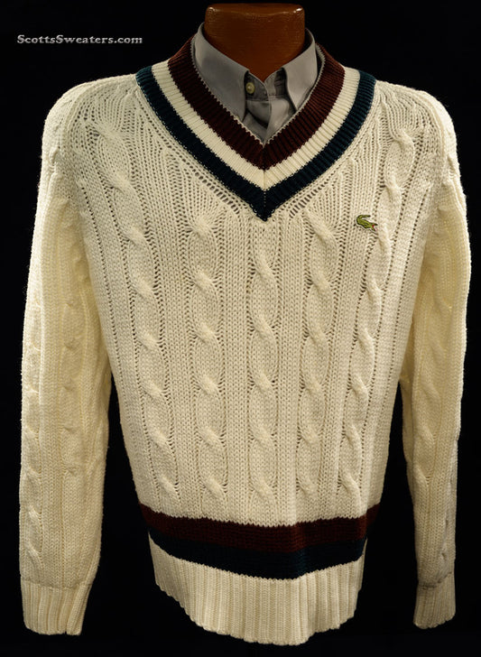 Men's Classic Retro Izod Tennis Sweaters Burgundy/Dark-Green Stripes [#198-002OB]