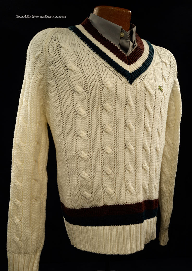 Men's Classic Retro Izod Tennis Sweaters Burgundy/Dark-Green Stripes [#198-002OB]