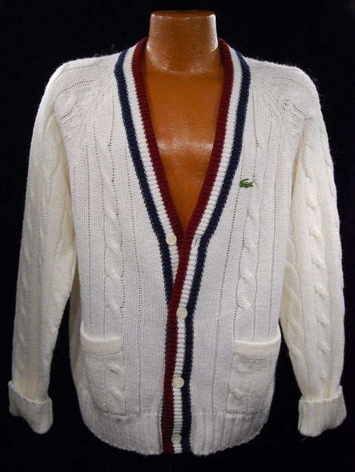 Men's Classic Retro Izod Cardigan Tennis Sweater with Striped Trim [#198-002c]