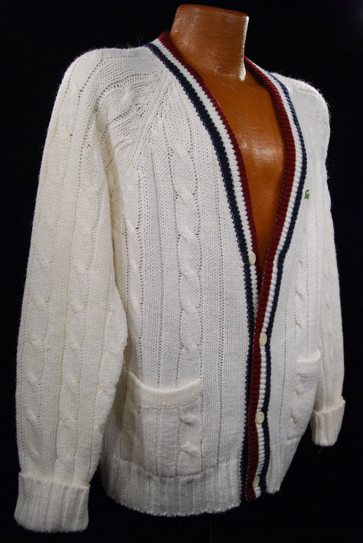 Men's Classic Retro Izod Cardigan Tennis Sweater with Striped Trim [#198-002c]