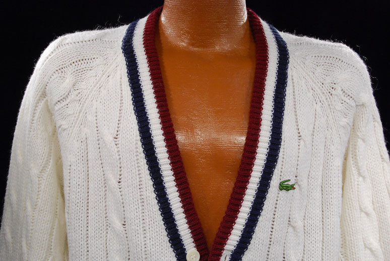 Men's Classic Retro Izod Cardigan Tennis Sweater with Striped Trim [#198-002c]