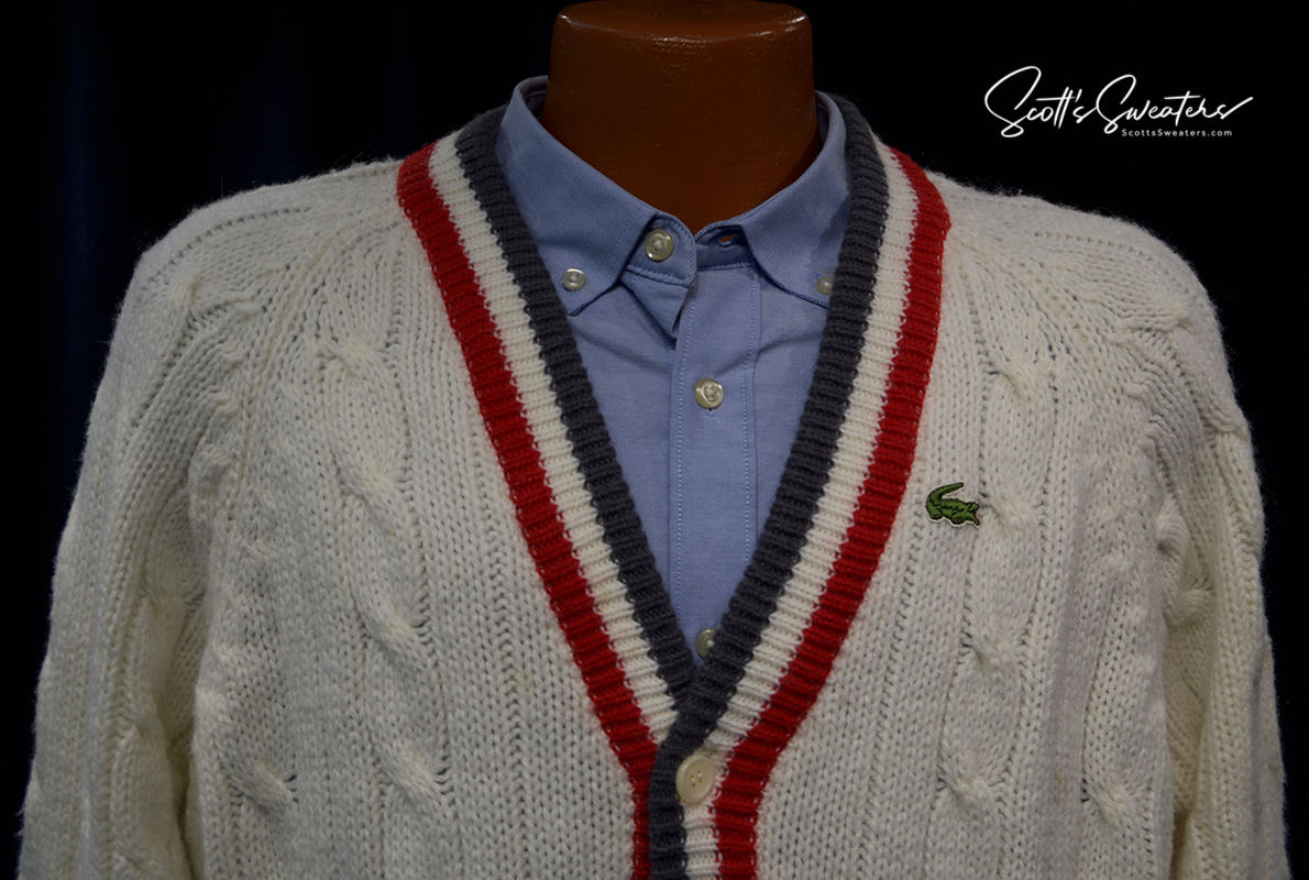 Men's Classic Retro Izod Cardigan Tennis Sweater with Striped Trim [#198-002c]