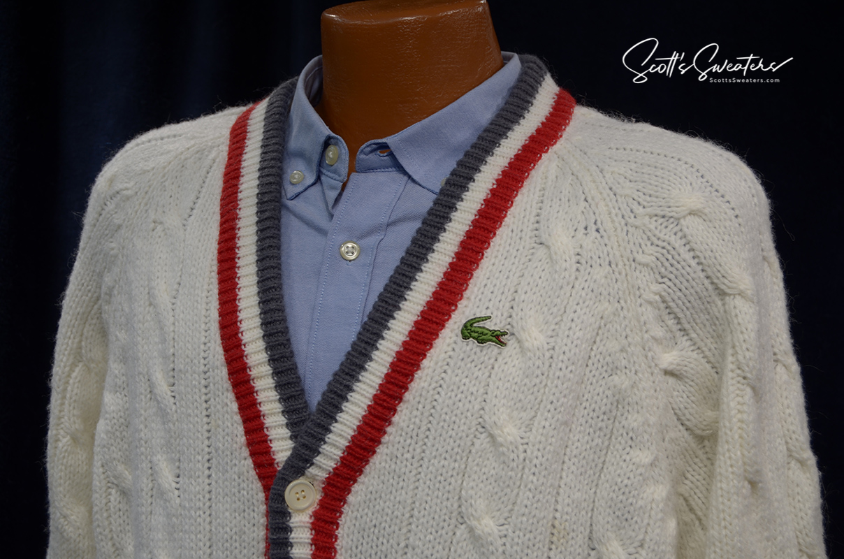 Men's Classic Retro Izod Cardigan Tennis Sweater with Striped Trim [#198-002c]