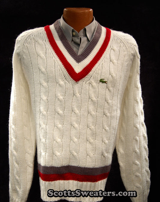 Men's Classic Retro Izod Tennis Sweater Grey/Red Stipes [#198-005]