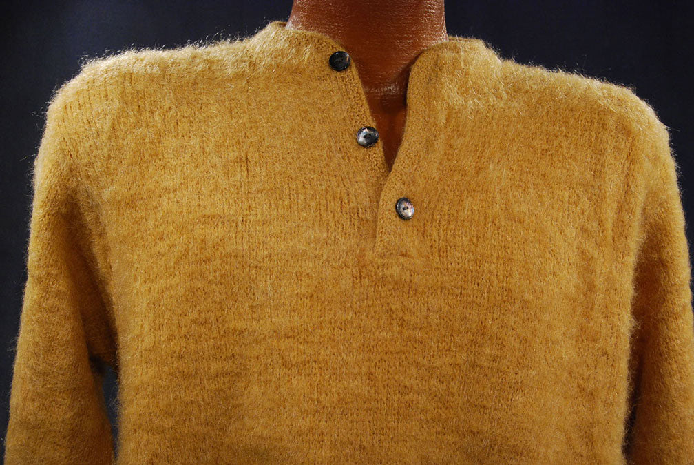 Men's Gold Retro Henley-style pullover Mohair Sweater [#202-002]