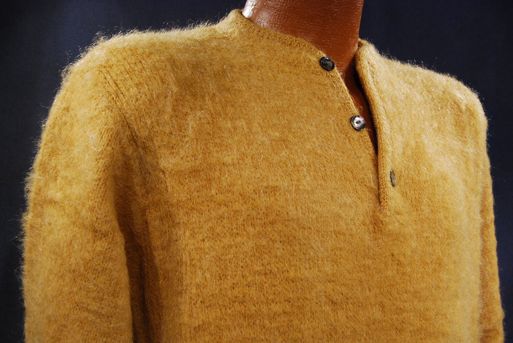 Men's Gold Retro Henley-style pullover Mohair Sweater [#202-002]